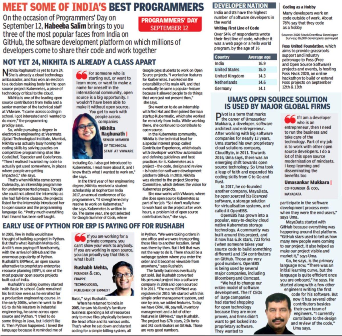 Happy programmer's day!!

On this occasion, we're happy to share that Rushabh and ERPNext got featured in the Times of India, a major publication.

The article talks about open source, its growth, and increasing adoption in India.