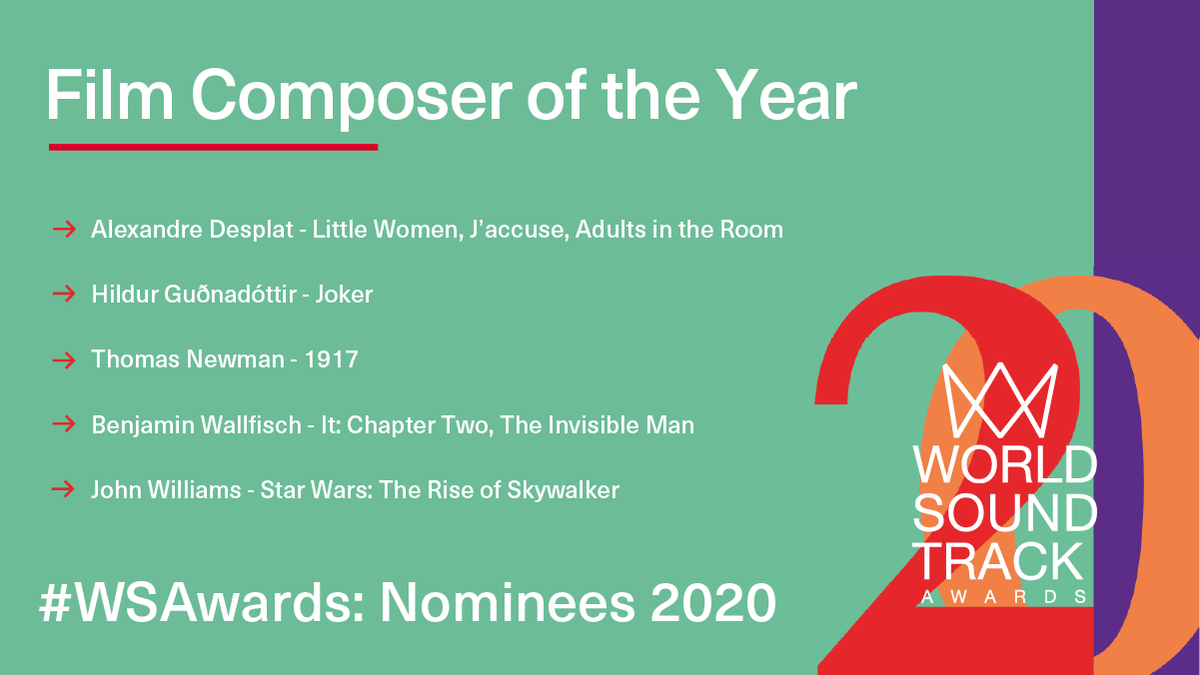 Congratulations to all the Film Composer of the Year nominees: #AlexandreDesplat, @hildurness, #ThomasNewman, @benwallfisch, and #JohnWilliams