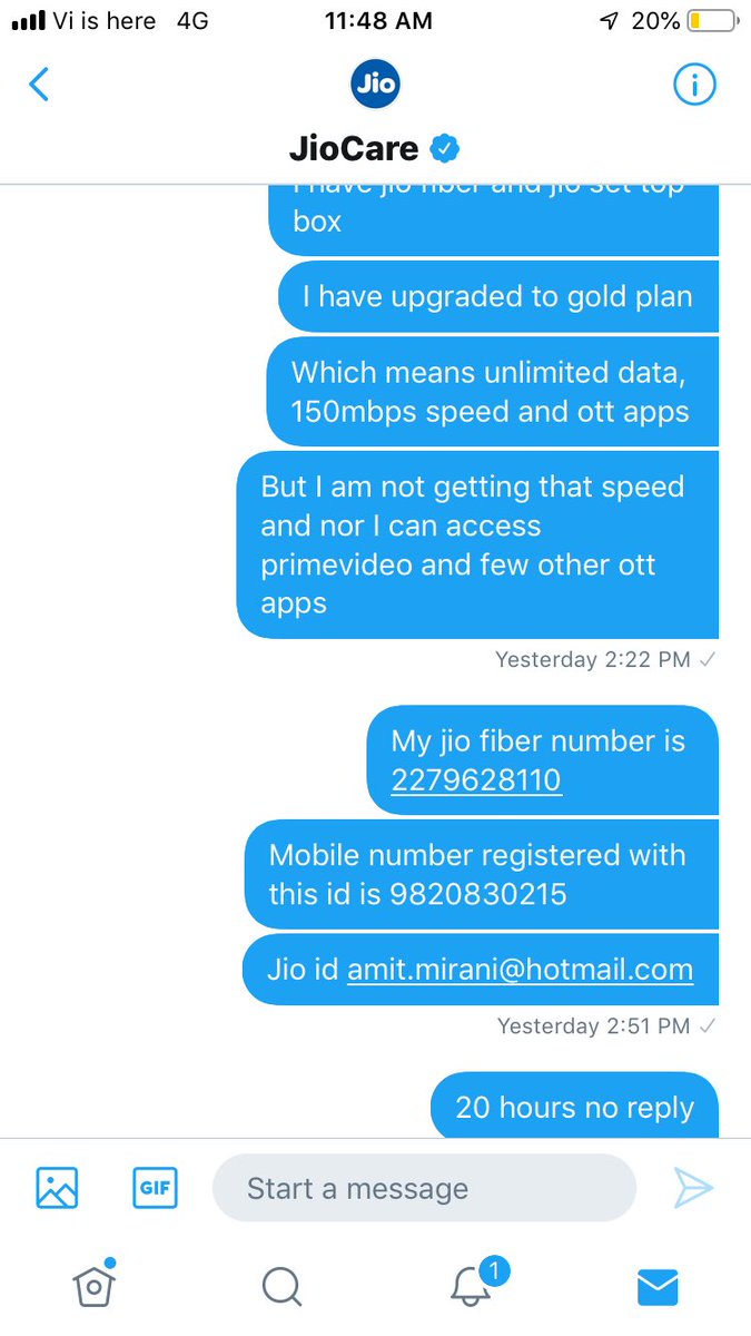 iLLuminatiAmit's tweet photo. @JioCare hi even after 20 hours there is no reply from your end, 20 mins waiting on call no reply 20 hours on Twitter.. wow.. https://t.co/tTVELEeamM