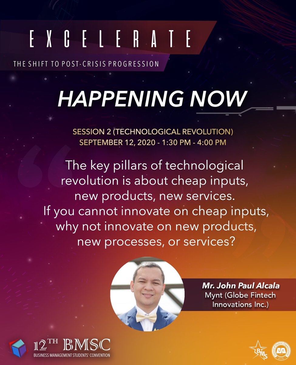 13thBMSC's tweet photo. HAPPENING NOW:
"The key pillars of technological revolution is about cheap inputs, new products, new services. If you cannot innovate on cheap inputs, why not innovate on new products, new processes, or services?"
- Mr. Alcala
#12thBMSC
#ShiftWithExcelerate
#PostCrisisProgression https://t.co/wOcJ5qrMJH