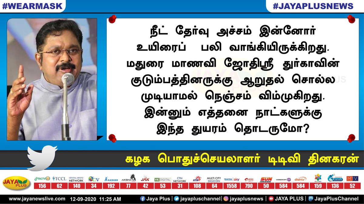 IDWingPandiAMMK's tweet photo. நீட் தேர்வு அச்சம் இன்னோர்  உயிரைப்  பலி வாங்கியிருக்கிறது. மதுரை மாணவி ஜோதிஸ்ரீ துர்காவின் குடும்பத்தினருக்கு ஆறுதல் சொல்ல முடிய��மல் நெஞ்சம் விம்முகிறது. இன்னும் எத்தனை நாட்களுக்கு இந்த துயரம் தொடருமோ? 

-@TTVDhinakaran   
கழகப் பொதுச்செயலாளர்
#BanNEET #AMMK https://t.co/UEAetG1her