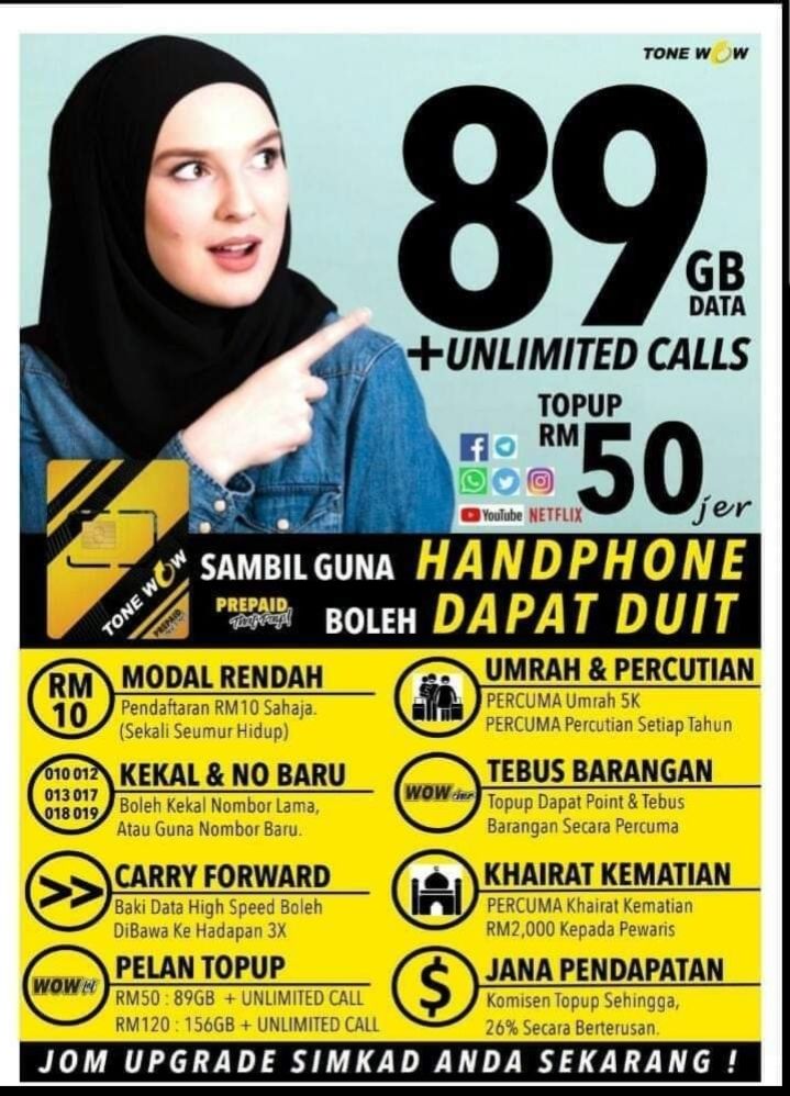 azzmie711's tweet photo. ‼️ ToneWow Prepaid Data Plan ‼️
🔥 Simkad Rm12.50 je 🔥
🚖To pup RM50 je sebulan anda layak
                  👇 👇 👇
🌐 64GB social data (2GB/hari)‼️
🌐 10GB High speed data ‼️
🌐 15GB basic data (64kbps) ‼️
🌐 Data boleh carry forward ‼️
☎️ Unlimited calls to all network https://t.co/kvSNyV1mN7