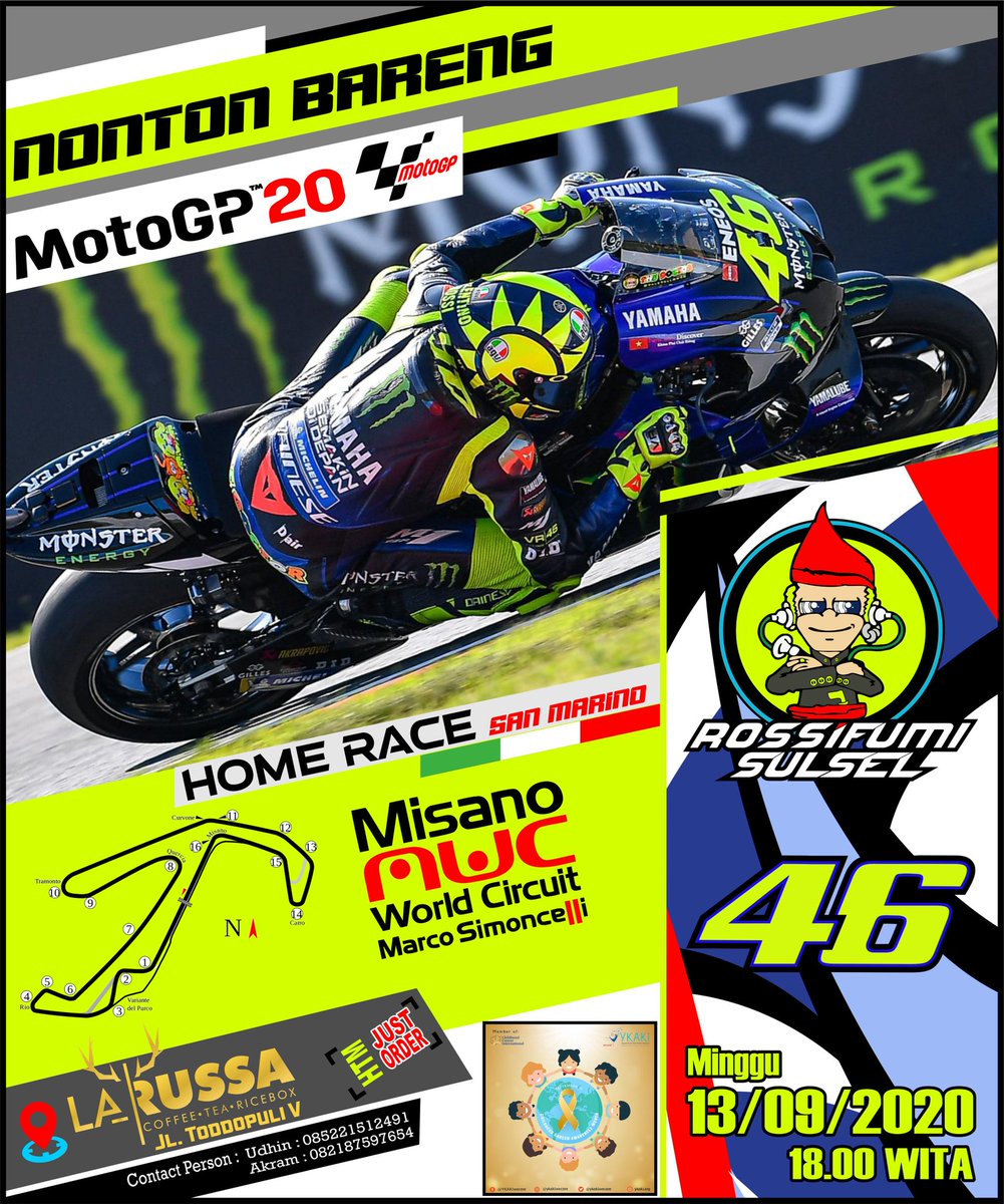🏁🏁Yang ada di makassar dan sekitaranya ayo ramaikan Nobar motoGP seri San Marino  2020
• Minggu, 13/09/2020
📍 La_russacoffe (jl. Toddopuli V)
• Rossi Fumi Sulsel  turut serta mensupport anak2 yg berada di YKAKI untuk tetap semangat berjuang melawan kanker.