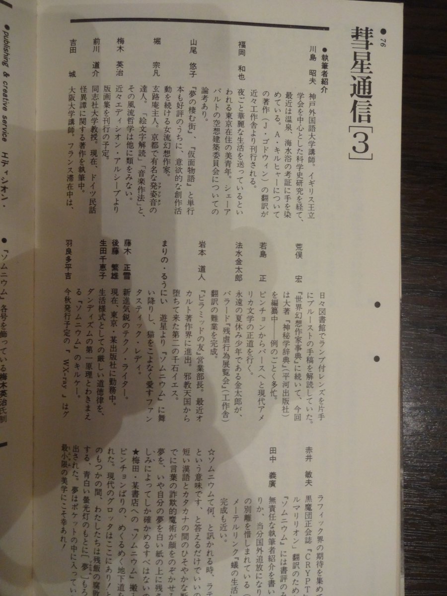 ひま 法水金太郎名義だと バラード 残虐行為展覧会 の翻訳が一番に思い浮かぶけれど ソムニウム 掲載の文章も法水金太郎名義でした 3号には山尾悠子さん 4号には多田智満子さんが登場とすごい雑誌ですよね 揃いで持ってはいないけれど 日本怪奇 ひま 法水金太郎名義だと バラード 残虐行為展覧会 の翻訳が一番に思い浮かぶけれど ソムニウム 掲載の文章も法水金太郎名義でした 3号には山尾悠子さん 4号には多田智満子さんが登場とすごい雑誌ですよね 揃いで持ってはいないけれど 日本怪奇