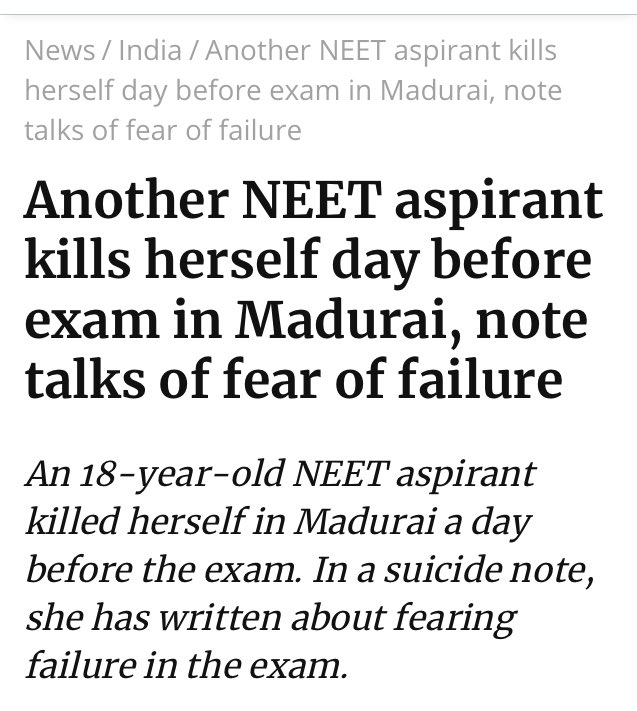 NidhiTanejaa's tweet photo. Another NEET aspirant kills herself day before exam in Madurai, note talks of fear of failure. 

Now students are demanding to #BanNEET https://t.co/P3Y8SqkWTN