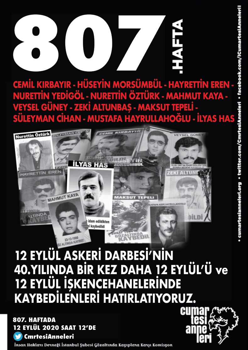 Bizim payımıza düşen, 
Bir parça acı, bir parça gözyaşıydı.
En kötüsu yüreğimizde bitmek bilmeyen sızıydı. 
Her tinlediğinde sazın teli yürekteki yokluğun acısını hatırlatırdı mısralar. (B.Ç)           
(Ölenleri andık işkencelerde.)

#12EylülFaşistDarbedir