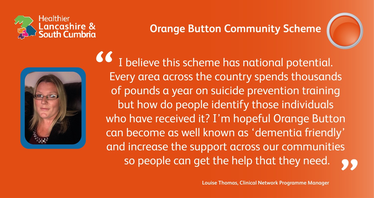 HealthierLSC's tweet image. The Orange Button is a new scheme that aims to support those who are struggling with suicidal thoughts. People across Lancashire and South Cumbria who wear an orange badge can be approached for help. 

Find out more - healthierlsc.co.uk/latest-news/in…

#OrangeButtonCommunity