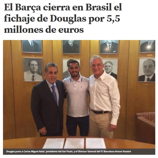 La mateixa temporada 2014/15 el Barça paga 5,5M€ al Sao Paulo per Douglas Pereira, una operació que fins i tot a Brasil troben incomprensible. Va jugar 8 partits amb el Barça en dues temporades. Ara és a la lliga turca.