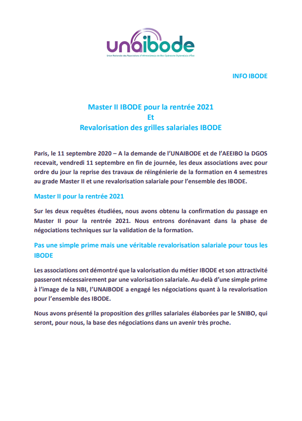 unaibode's tweet photo. A la demande de l’@UNAIBODE et de l’@AEEIBO la DGOS
recevait, vendredi 11 septembre, les deux associations avec pour ordre du jour la reprise des travaux de réingénierie de la formation en 4 semestres
au grade Master II et une revalorisation salariale pour les #IBODE. https://t.co/LpA2T1l1dw