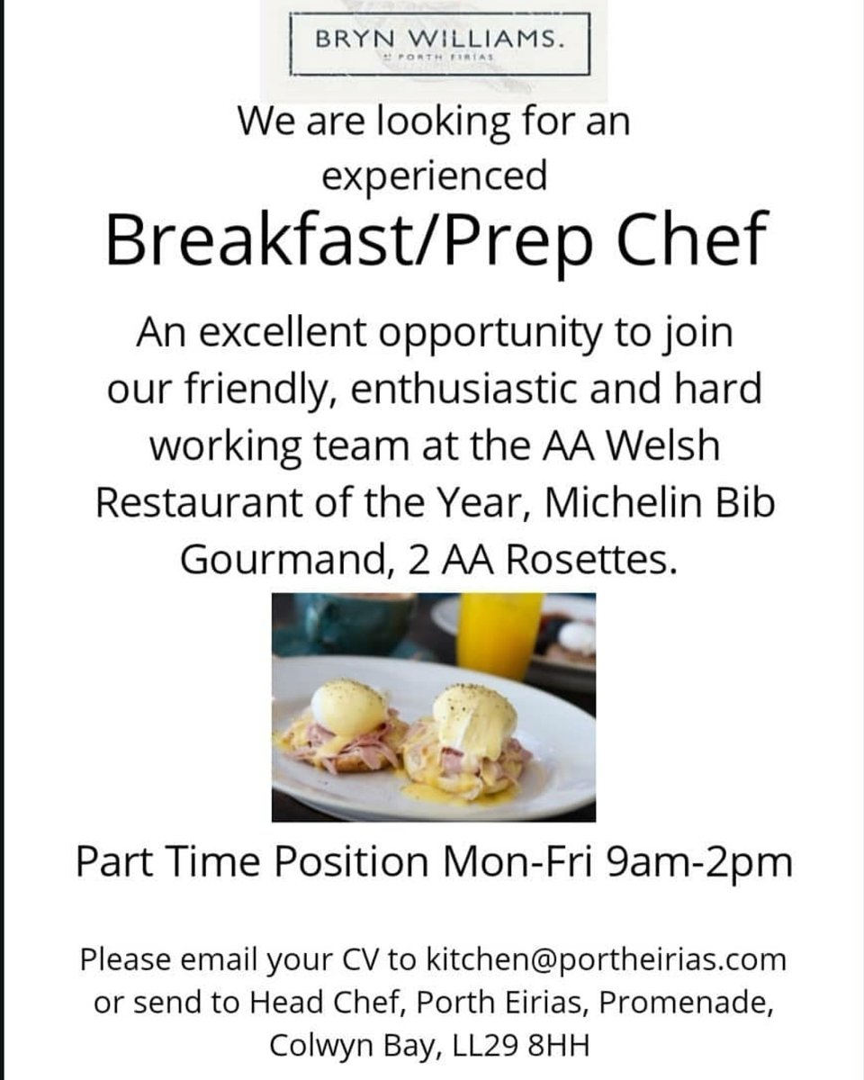 BrynPorthEirias's tweet photo. We are looking to expand our award winning team! 
Currently looking for a part time breakfast/prep chef to work Monday-Friday https://t.co/zRbVEIYAEz