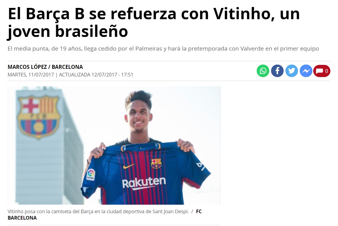 La 2017/18 arriba cedit Vitinho al Barça B des del Palmeiras amb una opció de compra de 15M€ que no s'exerceix. Curiosament és el mateix any que el Barça fitxa a Yerri Mina del Palmeiras per 11,8M€. A la temporada següent tots dos són fora del club.