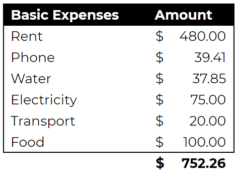 I then wrote down the basic expenses, which include rent at the lowest I could find around here, $240/wk.For water and electricity, I use the average amount paid quarterly in Sydney/NSW and divided it up into fortnightly amounts.