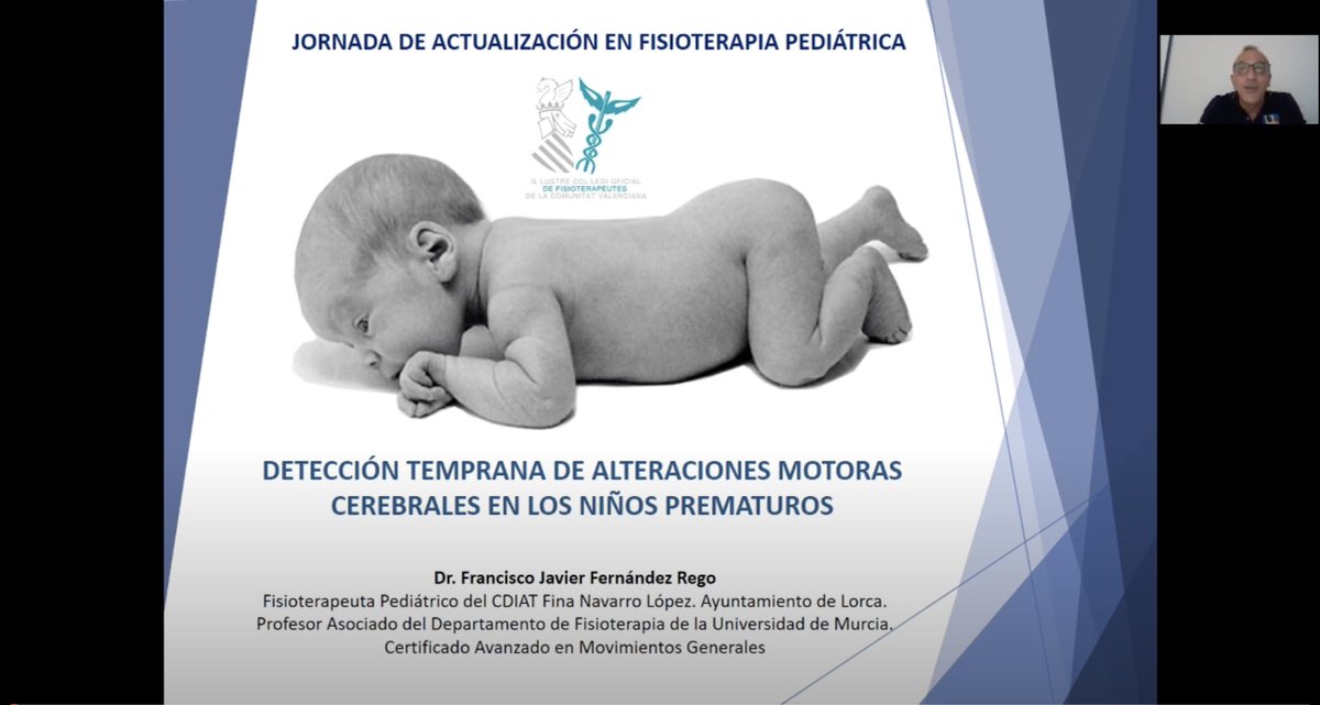 Icofcv's tweet photo. Empieza la primera ponencia de la #JFisioPediatricaON20 con el Dr. Francisco Javier Fernández que nos hablará de la “Detección temprana de alteraciones motoras cerebrales en los niños prematuros”. 
 
#Icofcv #alteraciones #motoras #cerebrales #niño #prematuro

@UMU https://t.co/UwGGFExpie