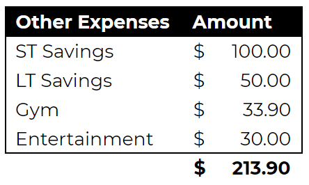 And finally, we get to other expenses. These ones are the "non-essentials" and therefore will get purged first when I can't afford anything. Short term savings includes saving up to buy clothing and access healthcare. Long term savings is just to have some money saved up.