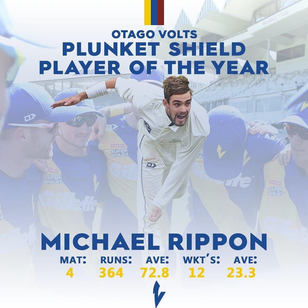 Many congratulations to our client <a href="/michaelrippon19/">Michael Rippon</a> who has been awarded the ‘Plunket Shield Player of the Year’ + ‘Cricket of the Year’ Award for his consistent performances for @OtagoVolts throughout the 2019-2020 season

#Cricket #POTY #OCAPA #Allrounder #MR19 #NZ #StemSports