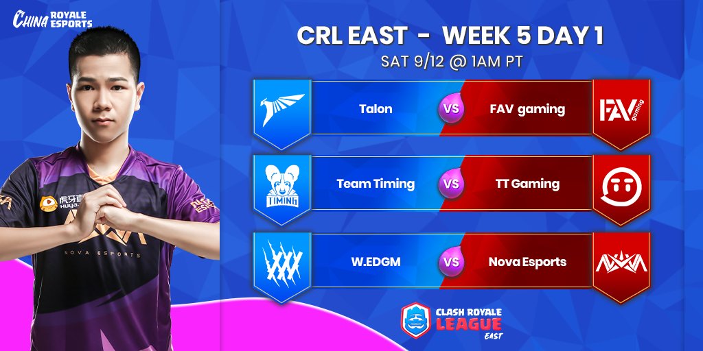 CNRoyaleEsports's tweet photo. Today's #CRLEAST Matchups!
@TalonKorea 🆚 @fav_gaming
@TeamTiming_ 🆚 @TTG_CR
@EDG_Edward 🆚 @NovaEsportsTeam https://t.co/IMDmKbHLkB