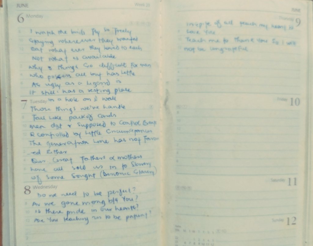 I had 4 days left to bring the phone i did not steal. I will go to the sport complex to pray."God,you see my hands are clean,i know nothing. It is only you who can save me now". Each day with tears,i reminded God. Then i sat peacefully one evening and wrote this 