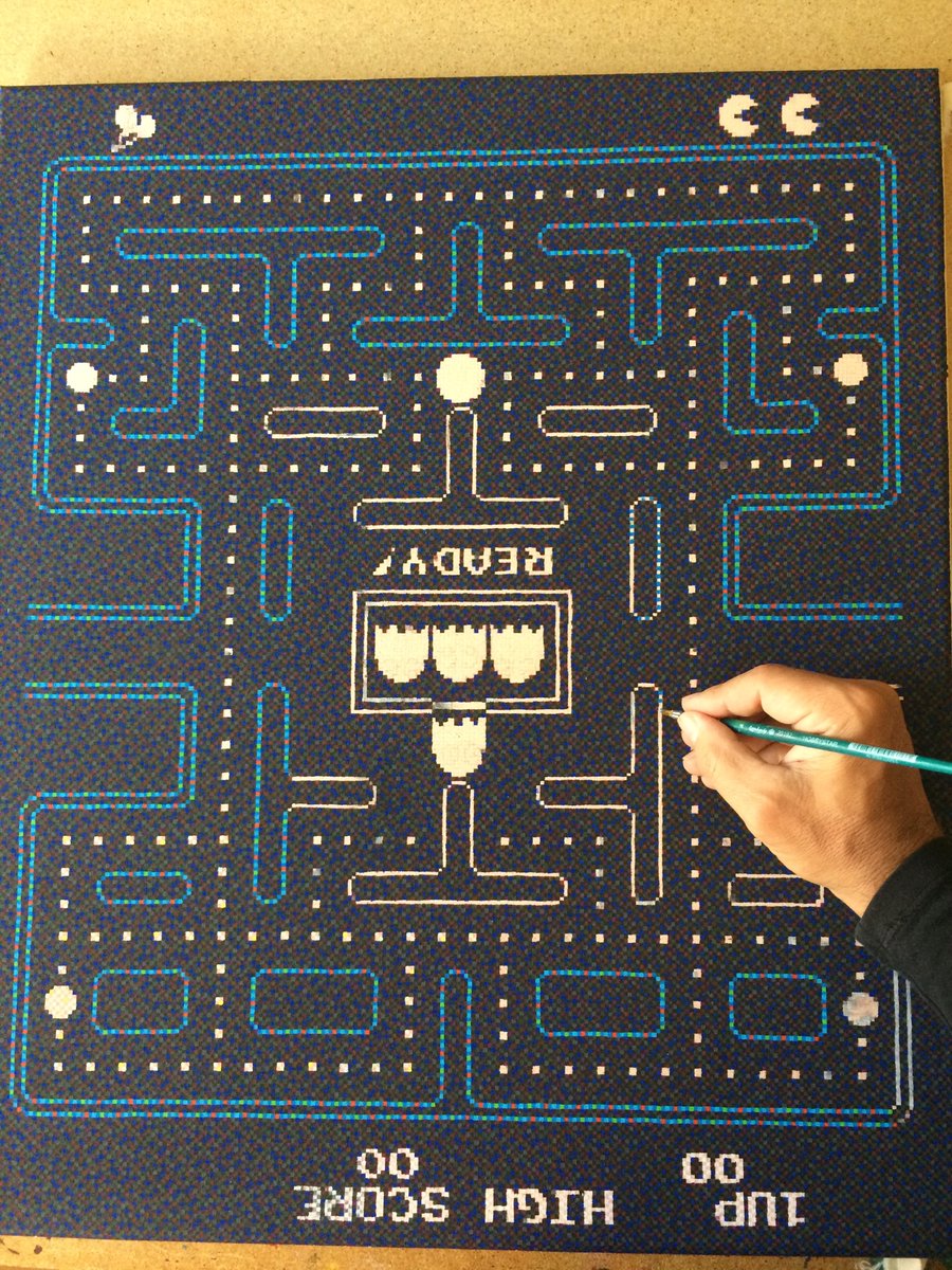 patrickegarter's tweet photo. #finearts, at work: „pac man: pixelism meets pixel-art“, #pixelism - ca. 75.000 painted pixels, □ = 2 x 2 mm, acrylic on canvas, 50 x 60 cm. #acrylic #visualart #art #pixelart #pixelpainting #atwork #pixelpainter #pixels #canvas #paintedpixels #pacman #arte #kunst #colors #pixel https://t.co/0a5kd7FAul