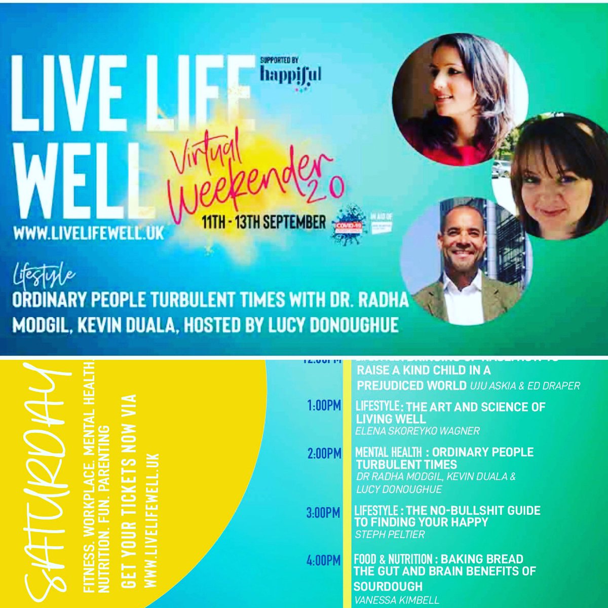 DrRadhaModgil's tweet photo. Really excited to be joining the brilliant @LiveLifeWellUK1 Virtual Wellbeing Festival today at 2pm 
with the inspiring @kevduala &amp; fabulous @LucyDonoughue @happifulhq 💛

Love to give helpful tips, advice &amp; reflections about how we can not only empower ourselves to https://t.co/7kxzFLilrM