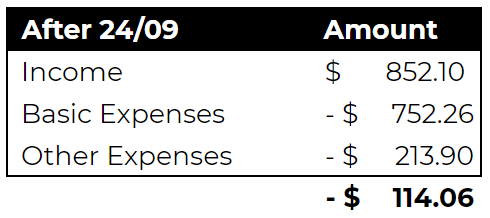 After the payments get cut for the first time in less than 2 weeks, I'd have -$114 after paying for all my expenses. If instead, I removed the "Other Expenses", I'd have less than $100 left, which would all go to those "Other Expenses"