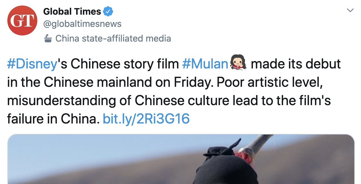 samuelmchu's tweet photo. Well, this is one tactic to distract from the genocide of Uyghurs and Muslim minorities in Xinjiang and the growing support to #BoycottMulan. 

CCP state media #GlobalTimes now blames @DisneysMulan poor opening on "poor artistic level" and "misunderstanding Chinese culture". 🤣🤔 https://t.co/3DN83GHYIZ