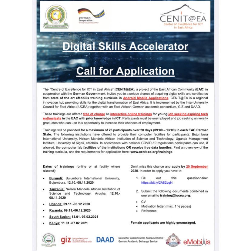 Rcktycoon's tweet photo. Here is an opportunity for unemployed graduates @EaCenit 

Young people from #Uganda #Rwanda #Burundi #Tanzania #Kenya #SouthSudan job seeking tech enthusiasts?  

Apply 💻
*Details on e-flier 👇🏽 https://t.co/njKxVZUHcn