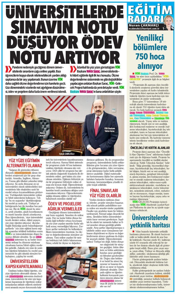 YÖK-GELECEK PROJESİ ve yükseköğretim sistemine ilk kez getirdiğimiz hibrit/karma eğitim sistemi ile Sağlık Bakanlığının üniversitelerdeki eğitim ile ilgili önerisi üzerine yaptığımız açıklama:   m.hurriyet.com.tr/yazarlar/nuran…