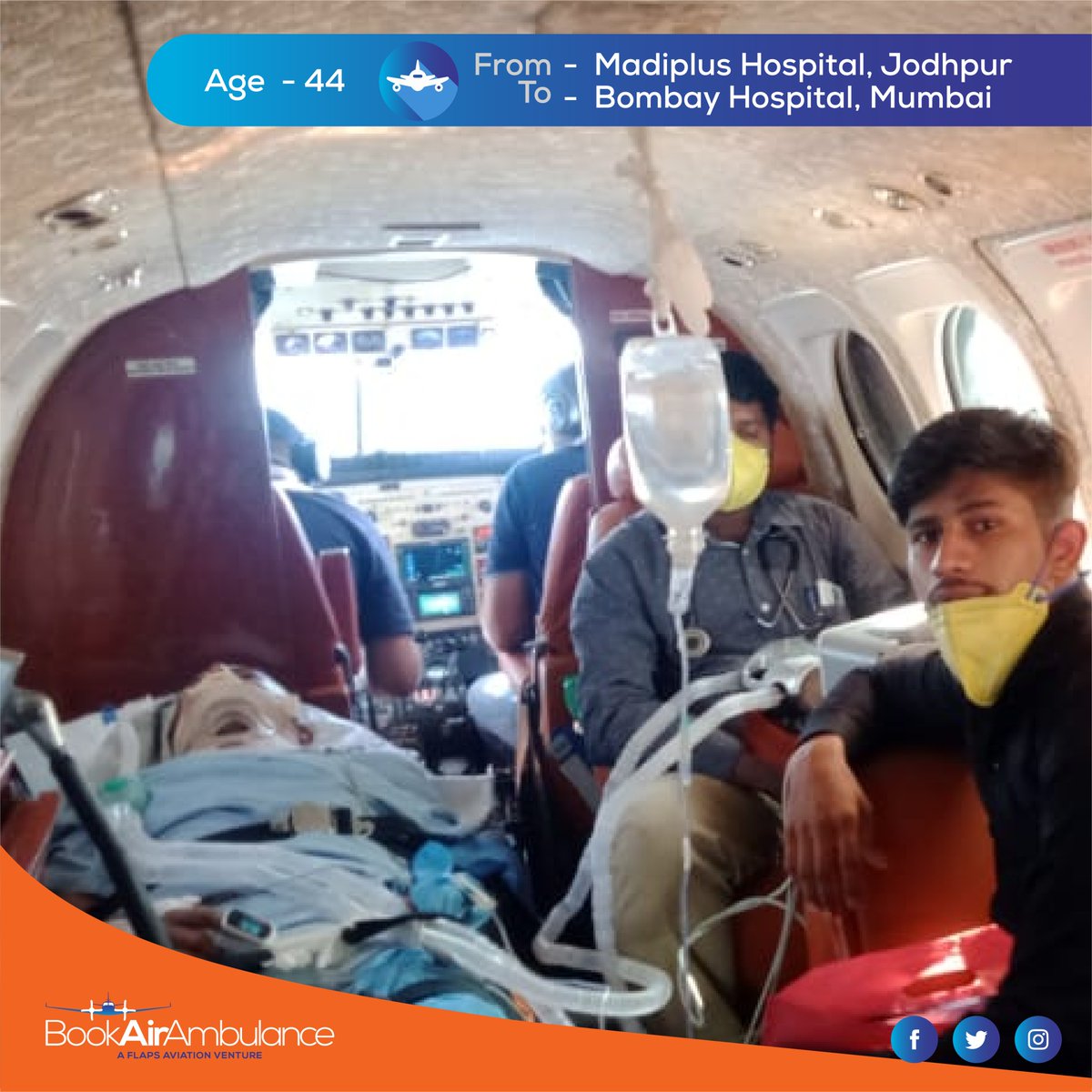 A 44 year old male, with severe head injury, had to be taken from Madiplus Hospital in Jodhpur. Book Air Ambulance  team on 2nd September from Jodhpur to Mumbai ensured the patient in getting best in class treatment.
For more info, Visit us @: bookairambulance.com