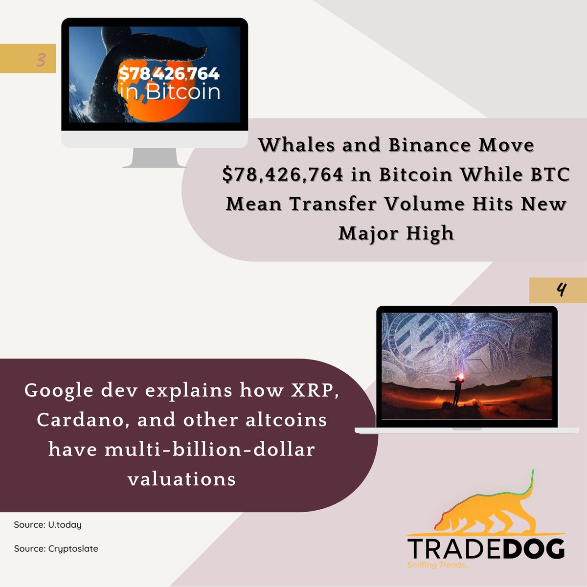 TradedogCrypto's tweet photo. Hey Guys!! Here are the #latestnews 👩🏫and #latestupdates 📰of the Crypto World......Stay Updated with TradeDOG's "Crypto - In the Know💥🚀".
#tradedognews
#cryptointheknow
Follow us to get daily updates about the Cryptocurrency Industry😍.
#Cryptonews #cryptonomic #bitcoinnews https://t.co/VsCa8kdNBh