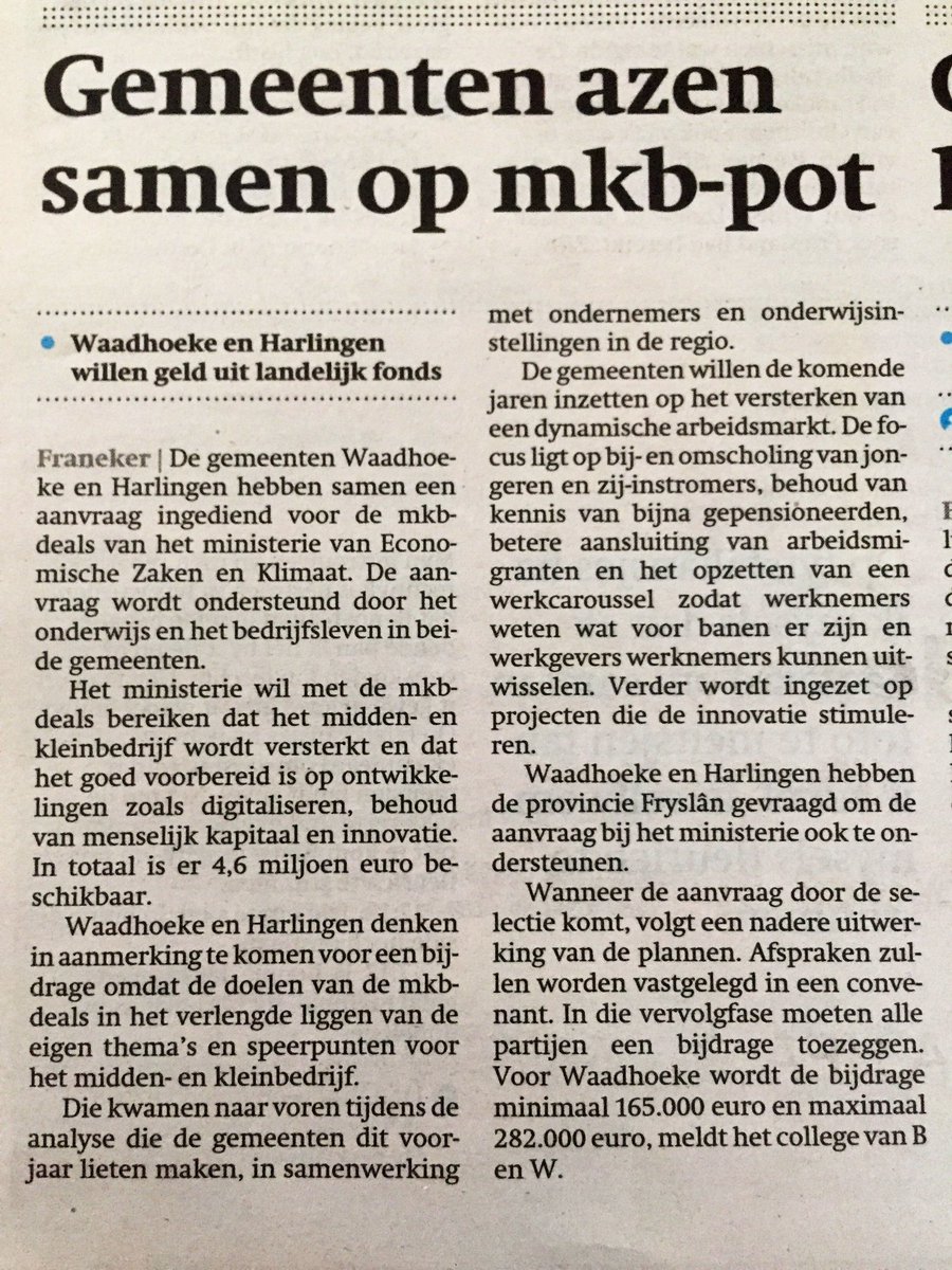 Gezamenlijke aanvraag voor MKB-Deal is ingediend! Mooi vervolg op de SWOT-analyse van de gemeenten @Waadhoeke en <a href="/Gem_Harlingen/">Gemeente Harlingen</a> . (foto <a href="/frieschdagblad/">Friesch Dagblad</a> )