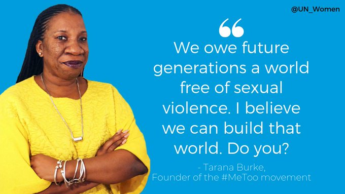 UN_Women's tweet photo. Happy Birthday, to the founder of the #MeToo movement, @TaranaBurke!

Thank you for speaking truth to power and creating a movement of solidarity for survivors. https://t.co/OItr6TIMze
