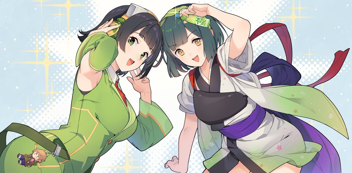 multiple girls 2girls japanese clothes green eyes black hair short hair smile  illustration images