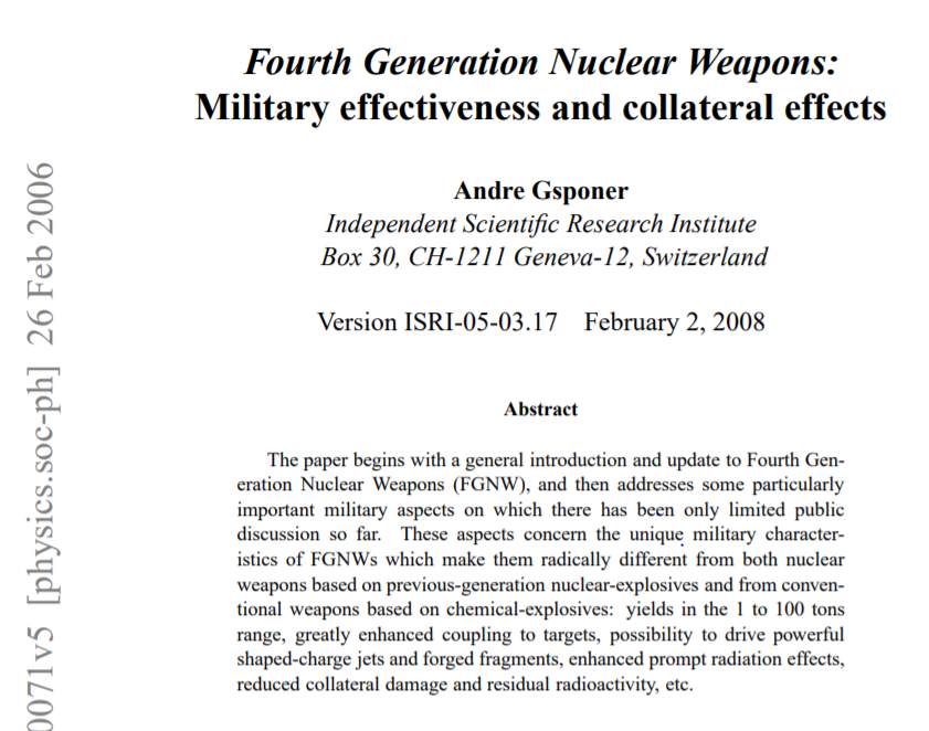 FME added a lot of details to his mini H bomb theory in an online "debate" w/Antti Partanen in spring 2006 where claims this directed "1-kiloton H-device" was "cutting edge around 1990, NOT 2001" citing work of Gsponer on 4th-generation nuclear weapons24/ https://web.archive.org/web/20130301012415/http://www.11syyskuu.net/H-device.htm