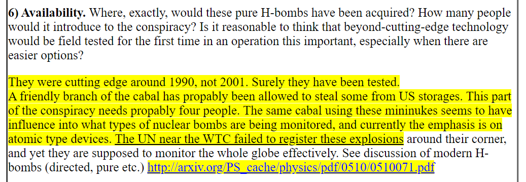 FME added a lot of details to his mini H bomb theory in an online "debate" w/Antti Partanen in spring 2006 where claims this directed "1-kiloton H-device" was "cutting edge around 1990, NOT 2001" citing work of Gsponer on 4th-generation nuclear weapons24/ https://web.archive.org/web/20130301012415/http://www.11syyskuu.net/H-device.htm