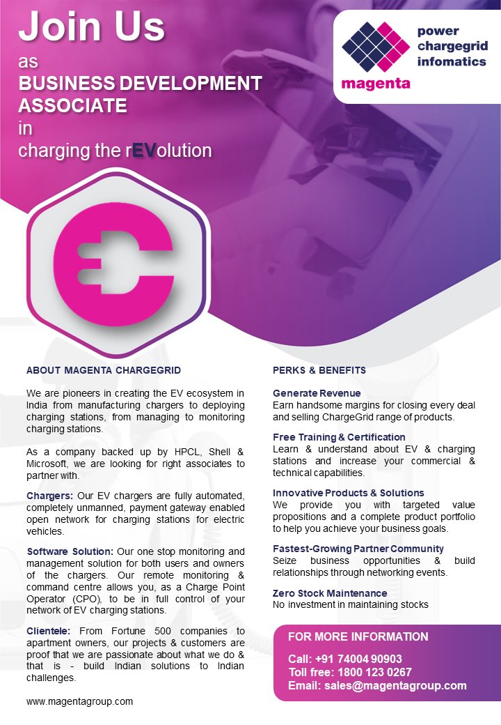 MagentaMobility's tweet image. Inviting BUSINESS DEVELOPMENT ASSOCIATES for EV Charging products and solutions in Maharashtra and Gujarat.
If interested, call us on +91 74004 90903/ 1800 123 0267 (Toll free) or email us at sales@magentagroup.com
Detailed terms will be shared on request.
#Magenta #Chargegrid