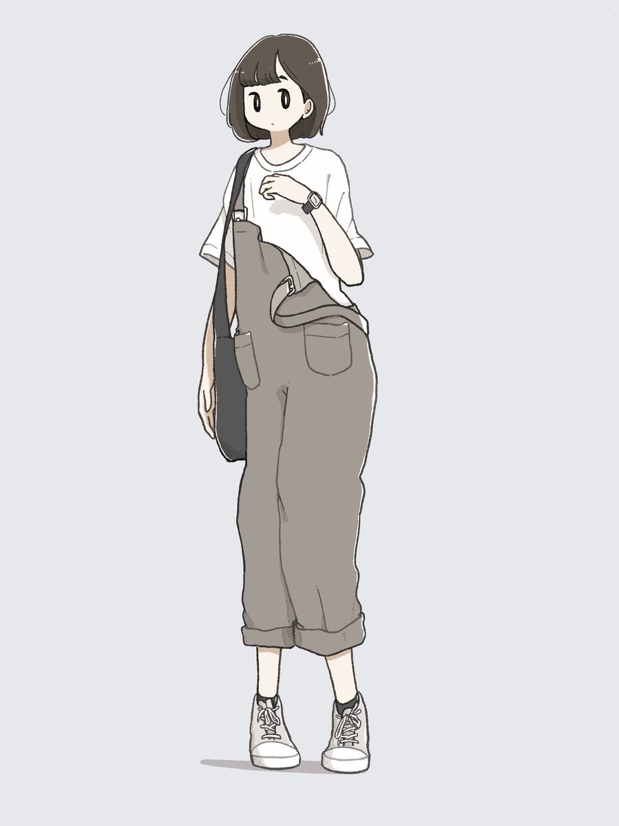 1girl solo overalls short hair wristwatch watch shirt  illustration images