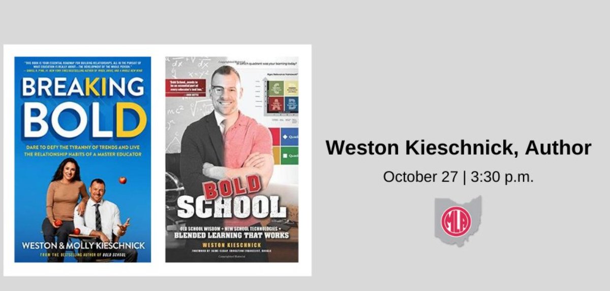 Ohio Educators! Author of Breaking Bold, Weston Kieschnick is joining the <a href="/Ohio_Middle/">Ohio Middle Level Association (OMLA)</a> Virtual PD series on Octover 27th 3:30 to discuss hybrid learning &amp; SEL in a virtual age. Register now! ow.ly/sU4X50Bklwj <a href="/ESCCentralOhio/">ESC of Central Ohio</a>