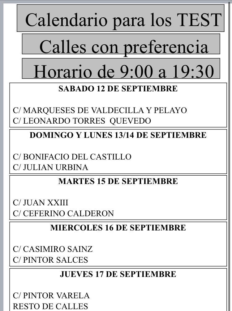 pptorrelavega's tweet photo. 🔵Aquí tenéis la relación de días/horarios por calles que estarán realizando los #Test #COVIDー19 en la #Inmobiliaria. 
🔴Todos los casos positivos se comunican telefónicamente  en un plazo de 24 horas con las instrucciones correspondientes. A los negativos por #SMS 
#Torrelavega https://t.co/mfEh6HMdZk