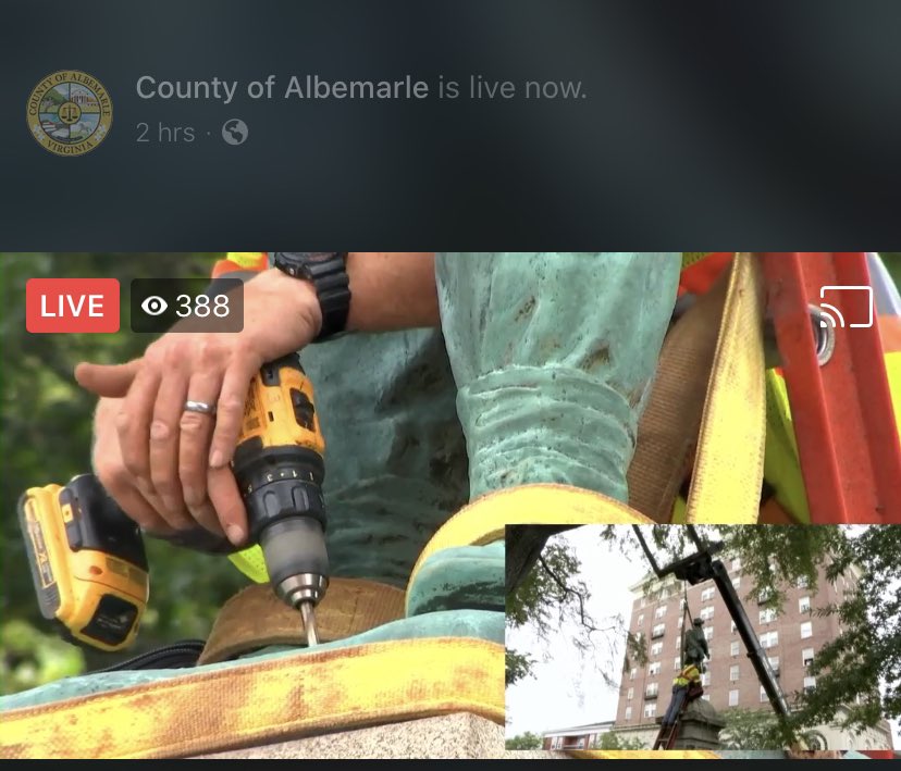 i don’t know where they have the camera capturing this closeup (on the crane arm maybe?), but the county’s livestream has a great look at what’s happening  https://www.facebook.com/Albemarle.County/videos/318192269452093/