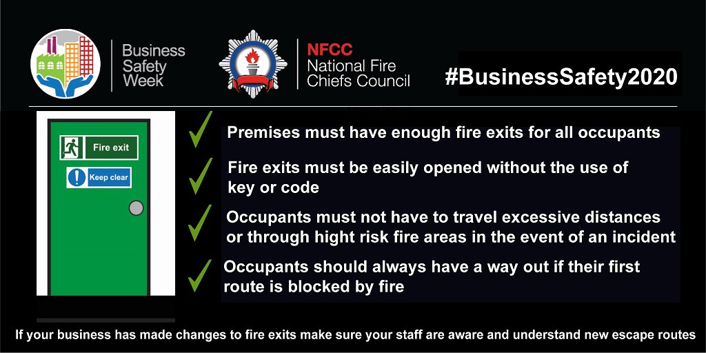NFRSBizSafety's tweet image. Have you had to make changes to fire exit routes? If so, record changes and ensure they are communicated to staff. See our advice on fire exits #BusinessSafety2020 @northantsfire #NorthantsTogether