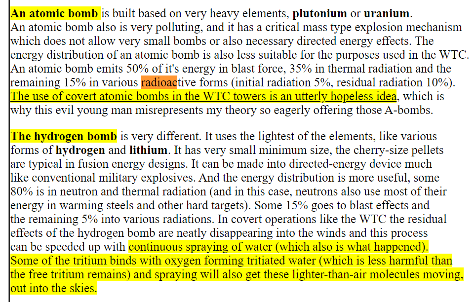 FME explains lack of rpts of radioactivity b/c mini-H bomb 1/100 radiation of plutonium bomb & different type (alpha & tritium particles) requires very expensive instruments & water spraying helps evaporate, biggest problem neutron absorption why steel shipped off so quickly26/