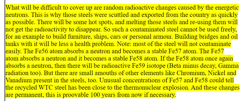 FME explains lack of rpts of radioactivity b/c mini-H bomb 1/100 radiation of plutonium bomb & different type (alpha & tritium particles) requires very expensive instruments & water spraying helps evaporate, biggest problem neutron absorption why steel shipped off so quickly26/