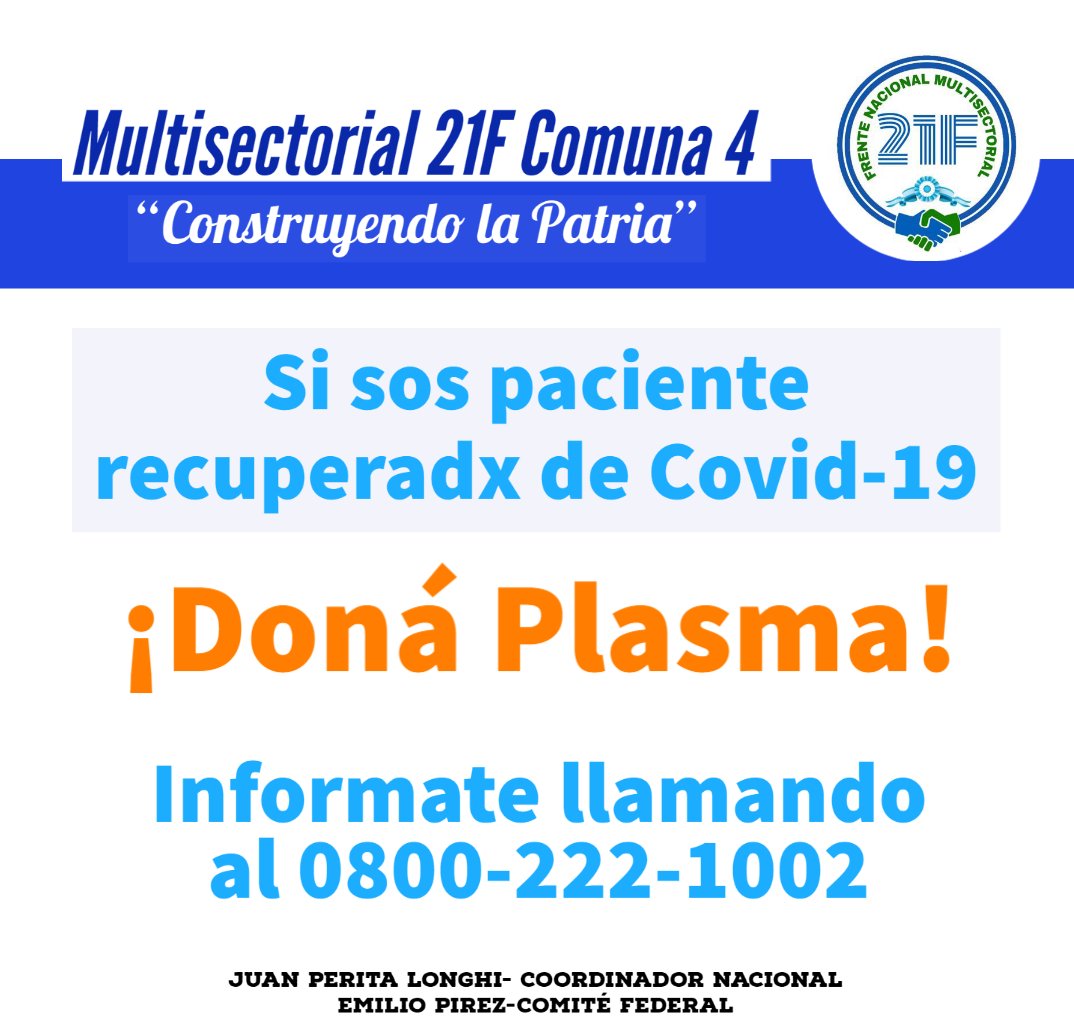 21fComuna's tweet photo. #BuenSabado #ArgentinaUnida 
Si sos paciente recuperado de #COVIDー19 #DonaPlasma
Informate llamando al 0800-222-1002
@msalnacion 
@21_nacional 
@juanperita10 @gustavoveraok https://t.co/aWkHcREvnj