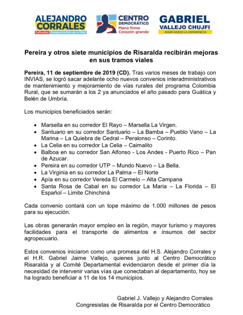 AlejoCorralesE's tweet photo. #LoPrometimosLoCumplimos | Nos alegra anunciar que Pereira y otros siete municipios de Risaralda recibirán mejoras en sus tramos viales, un trabajo que hemos hecho junto a @InviasOficial y que hoy se logra materializar. Ya son 11 los municipios beneficiados. https://t.co/pMkpNwPB7p