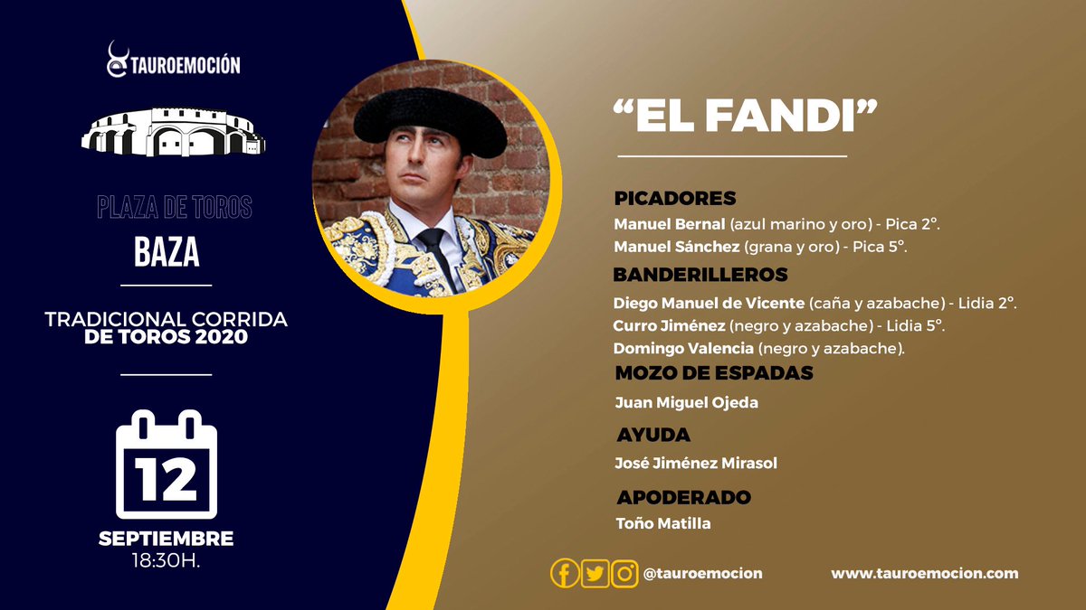 TorosBaza's tweet photo. 👥 𝗧𝗿𝗮𝗱𝗶𝗰𝗶𝗼𝗻𝗮𝗹 𝗖𝗼𝗿𝗿𝗶𝗱𝗮 𝟭𝟮𝗦 | 𝗖𝘂𝗮𝗱𝗿𝗶𝗹𝗹𝗮𝘀
Estos son los hombres de confianza que acompañarán esta tarde a @EPonceOficial, @prensaElFandi y @EmiliodeJusto 
🎟 Entradas en taquilla, en el 622 298 500 y https://t.co/KNLUTMY0tE https://t.co/xREkwZBUQj