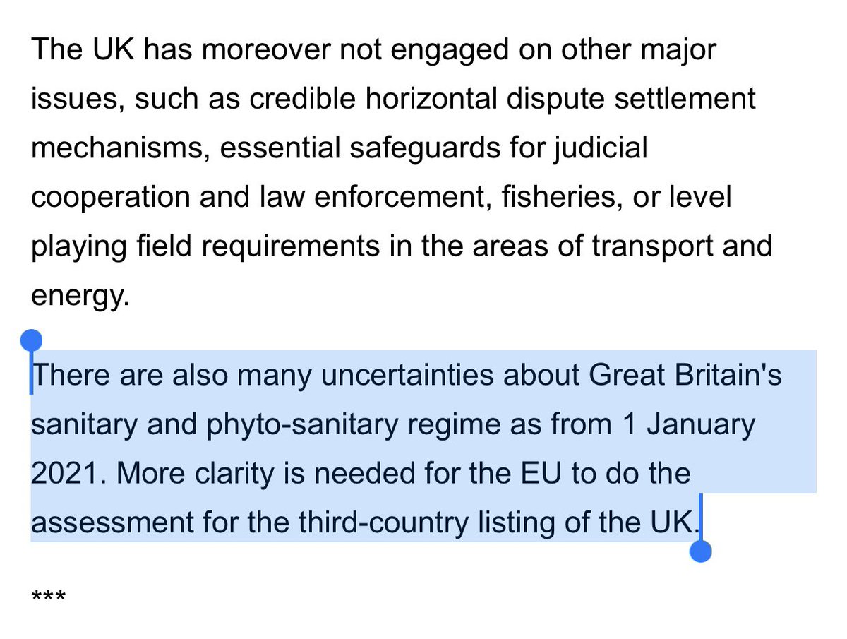 So what’s going on with “third party listing” - the unilateral decision of EU to accredit the UK as an exporter of food and food products to EU?Barnier mentioned explicitly not even being able to do assessment in his statement because of “uncertainties about GB SPS regime”...
