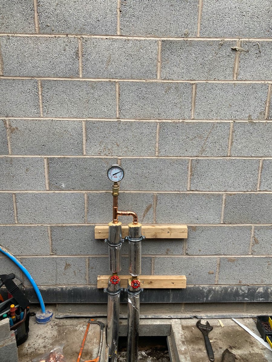 RVHeating's tweet photo. We completed the 1st phase on a Ground Source Heat Pump install this week. Ground Loops installed, backfilled, all the fittings fusion welded, the header pipe work run to the plant room, purged, flushed, tested and re filled with glycol ready for the 2nd Phase
#renewableenergy https://t.co/Fo0VqJvejE