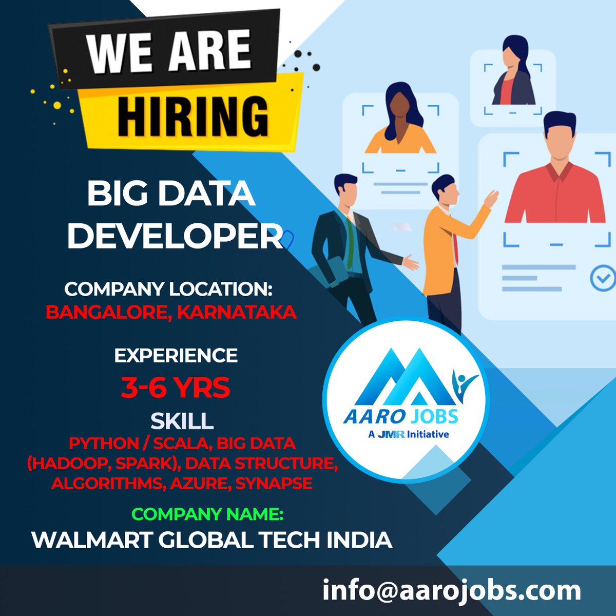 AaroJobs's tweet photo. Greetings from AARO JOBS!
Company Name: WALMART GLOBAL TECH INDIA
Requirement for Big Data Developer
Location: Bangalore, Karnataka.
#aarojobs #Bangalore #jobs #dataanalyst #walmart #dataengineer #datadeveloper #Phython #DataStructures https://t.co/FHVgIYiES9