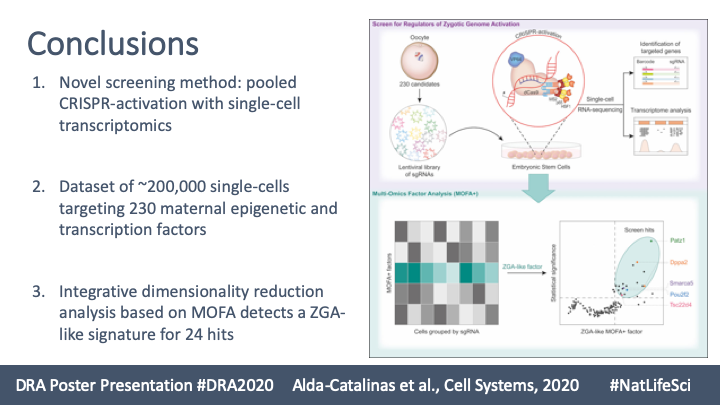 CeliaAlda9's tweet photo. It's a pleasure to receive an Honourable Mention Award at @DoctoralAwards #DRA2020 #NatLifeSci for my PhD work "#CRISPR activation screening at #singlecell transcriptomic resolution: discovering new regulators of #ZGA". @BabrahamInst @Cambridge_Uni. See poster and recent thread: https://t.co/PQDtRqGT2D