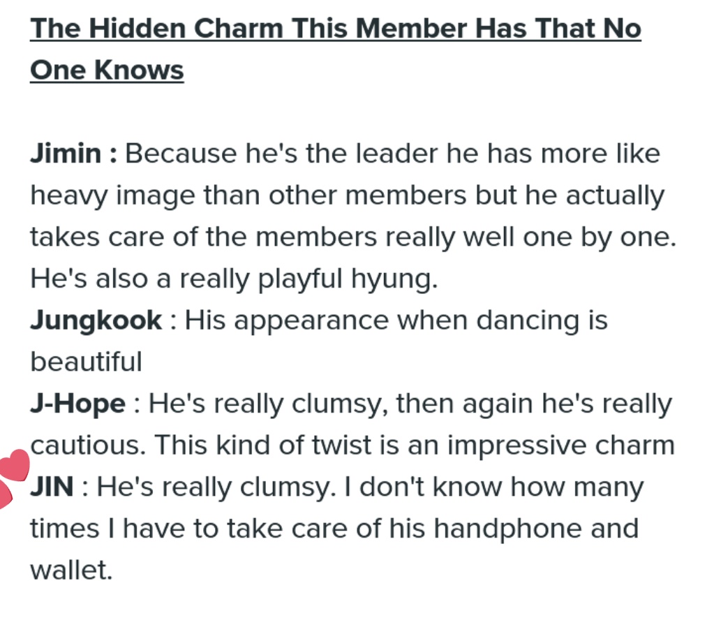 Jin will complain about Joon losing things but he find it so endearing he also calls that as Joon's hidden charm . Let's be real we all think it's cute too 